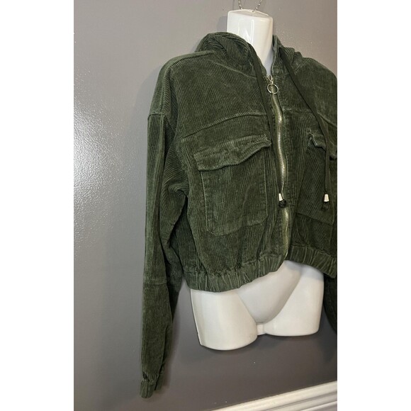 American Bazi Jacket Womens 1X Green Corduroy Hooded Zip Cropped Flap Pockets - Picture 2 of 6